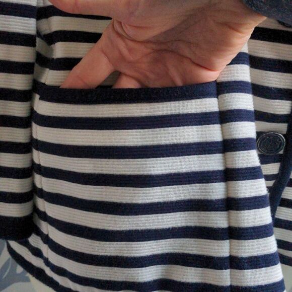 Talbots Black + Cream Striped Cotton Blend Blazer Sz M - Picture 6 of 10